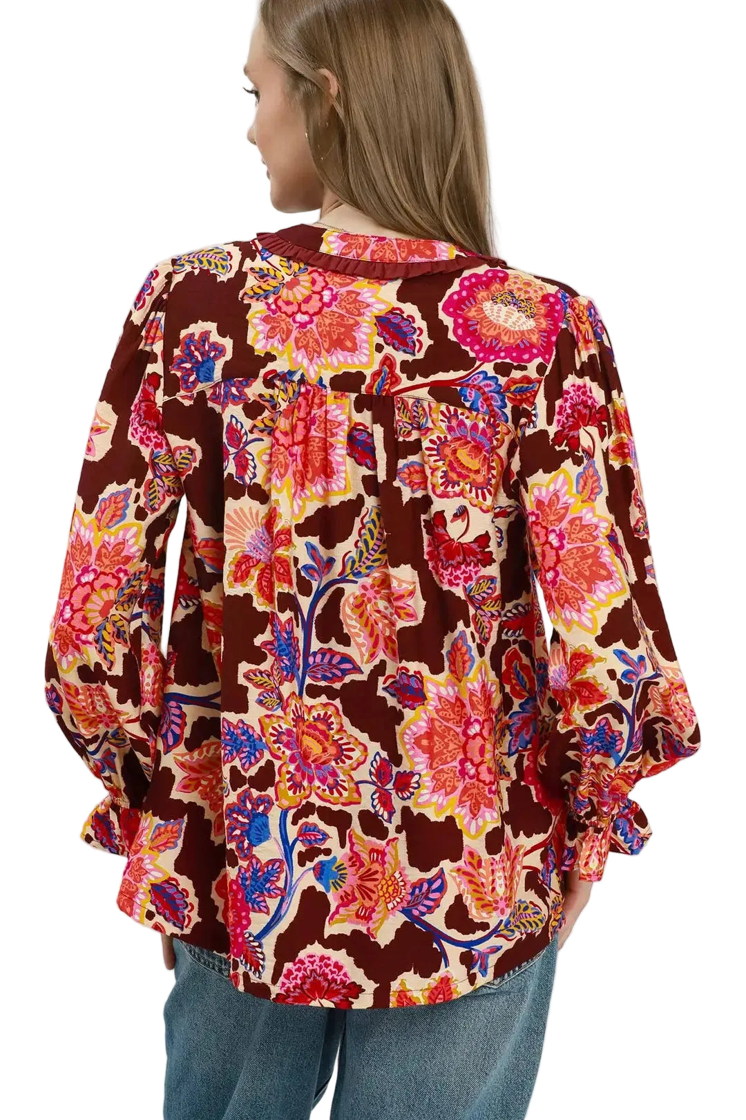 Umgee Women's Brown Mix FLoral Print Button Down Blouse 