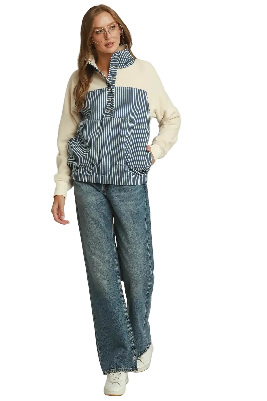 Umgee Women's Solid and Denim Contrast Pullover 
