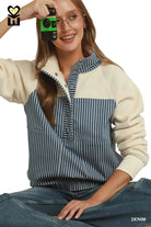 Umgee Women's Solid and Denim Contrast Pullover 