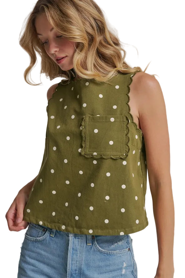 Women's Olive/Cream Polka Dot Twill Top with Patch Pocket 