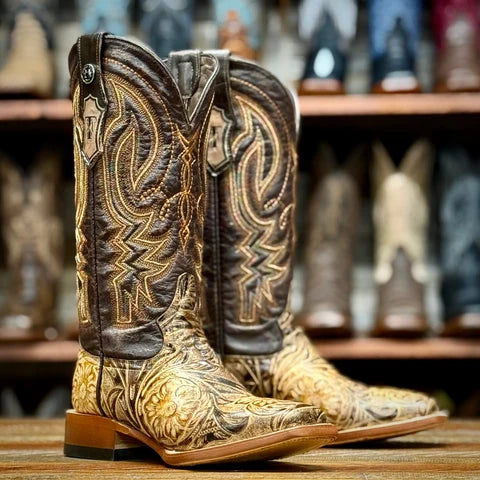 Tanner Mark Women's Brown Floral Tooled Square Toe Boots TML207141