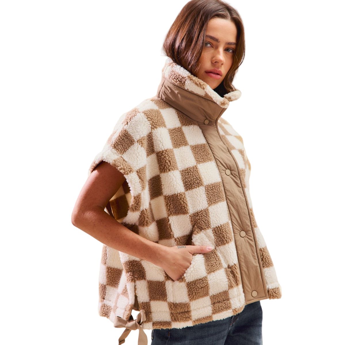 Women's Oversized Sherpa Fleece Checker Vest Jacket ST2049F