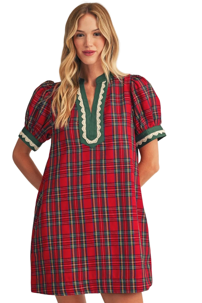Jodifl Women's Lace Trim Detail Plaid Shift Dress 