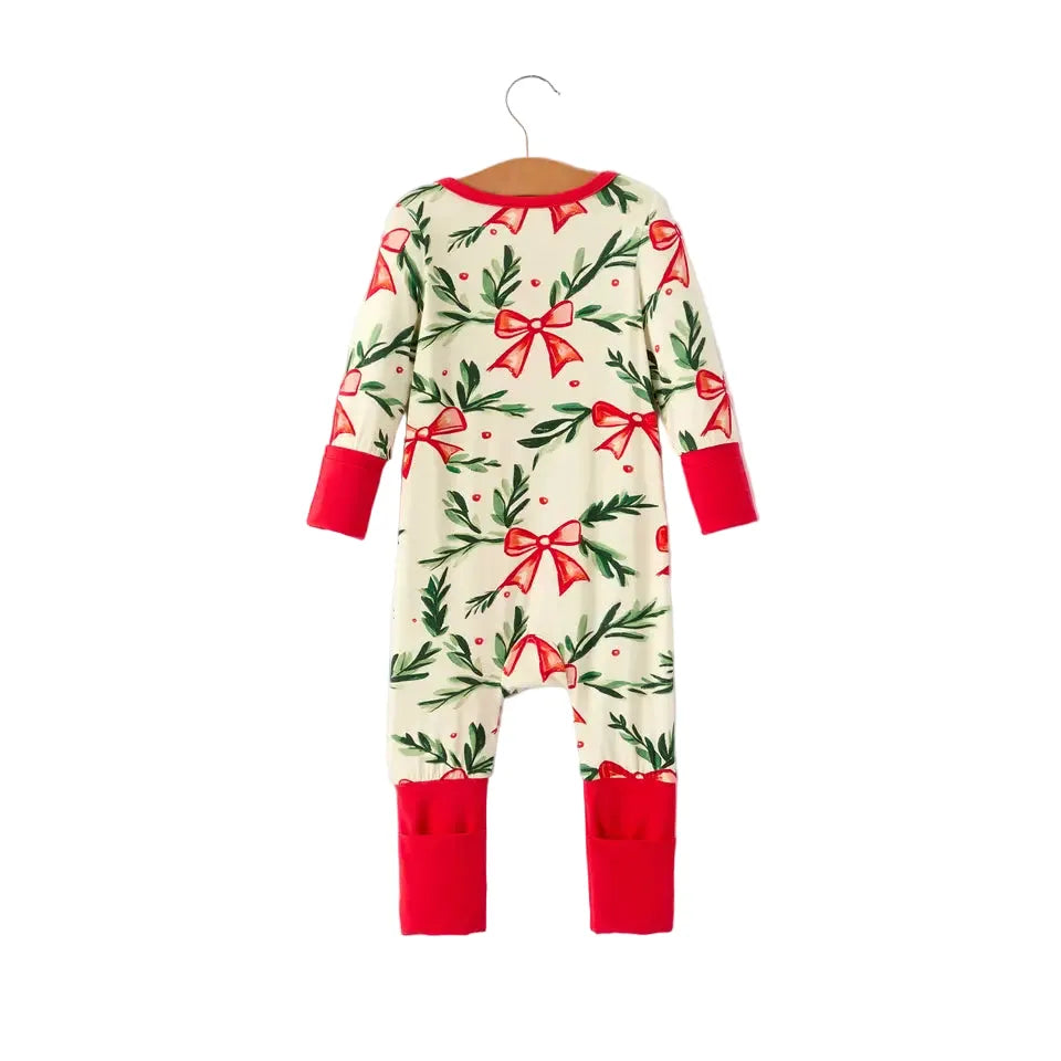 Girl's Christmas Bow and Holly Print Pajama Romper 