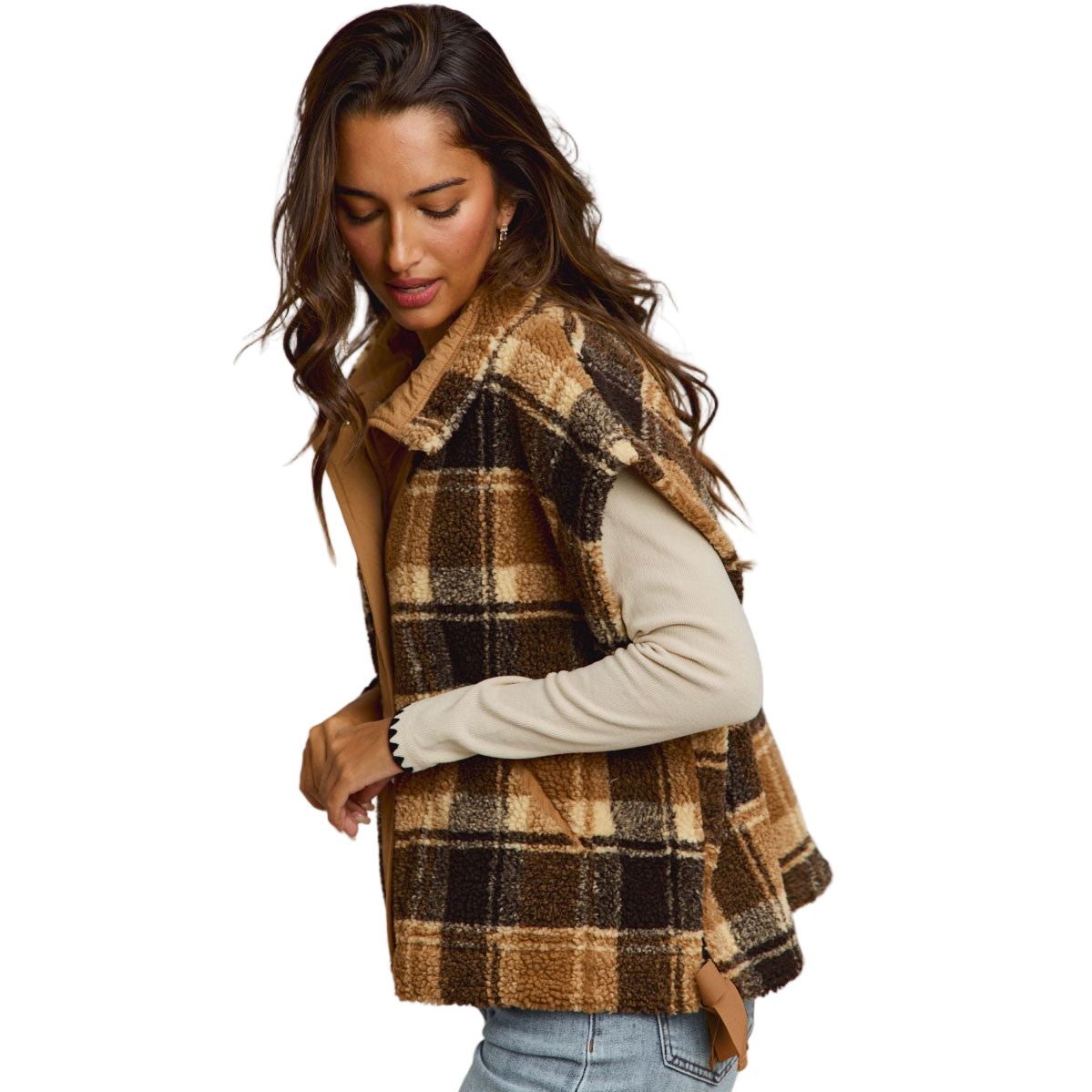 Women's Oversized Sherpa Fleece Checker Vest Jacket ST2049F