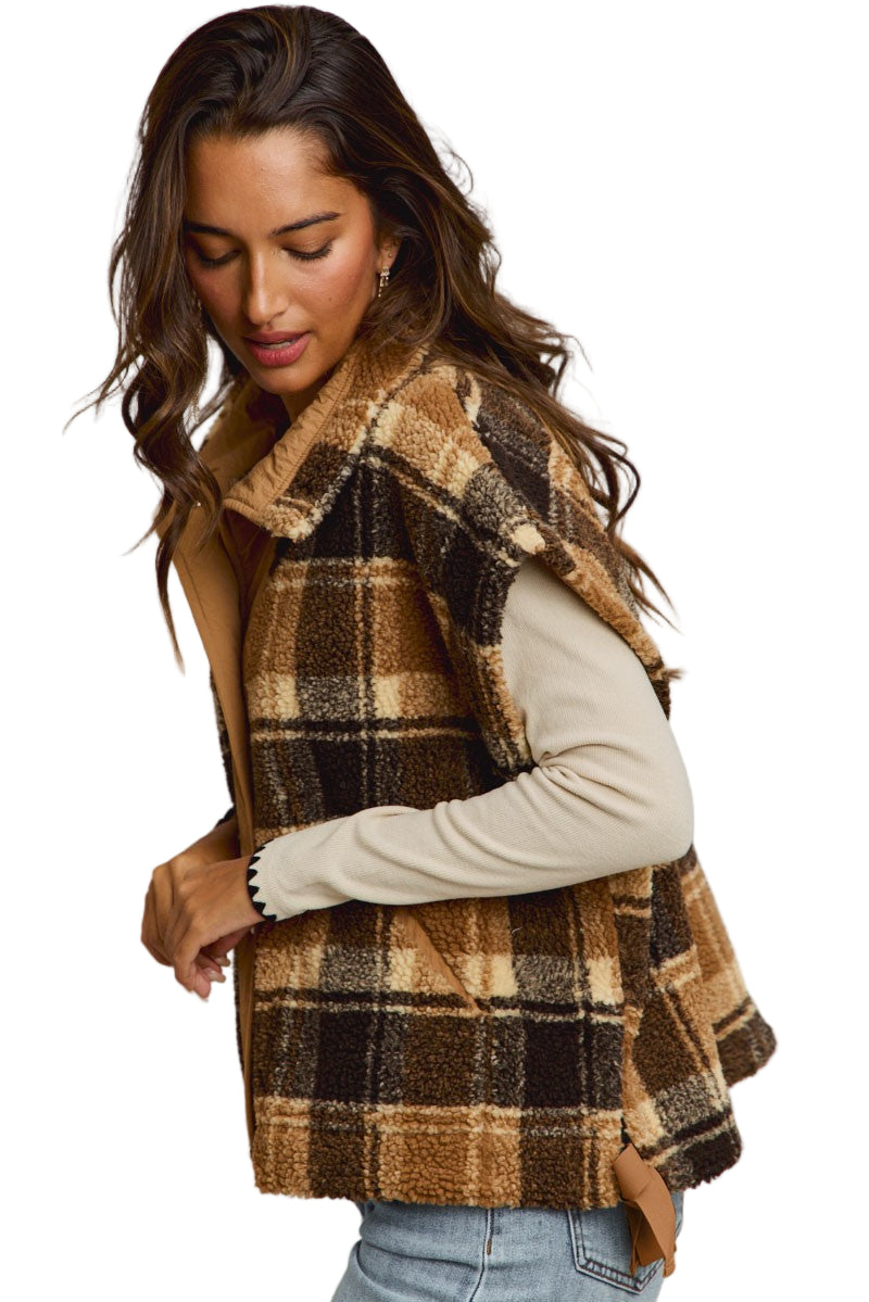 Women's Oversized Sherpa Fleece Checker Vest Jacket ST2049F