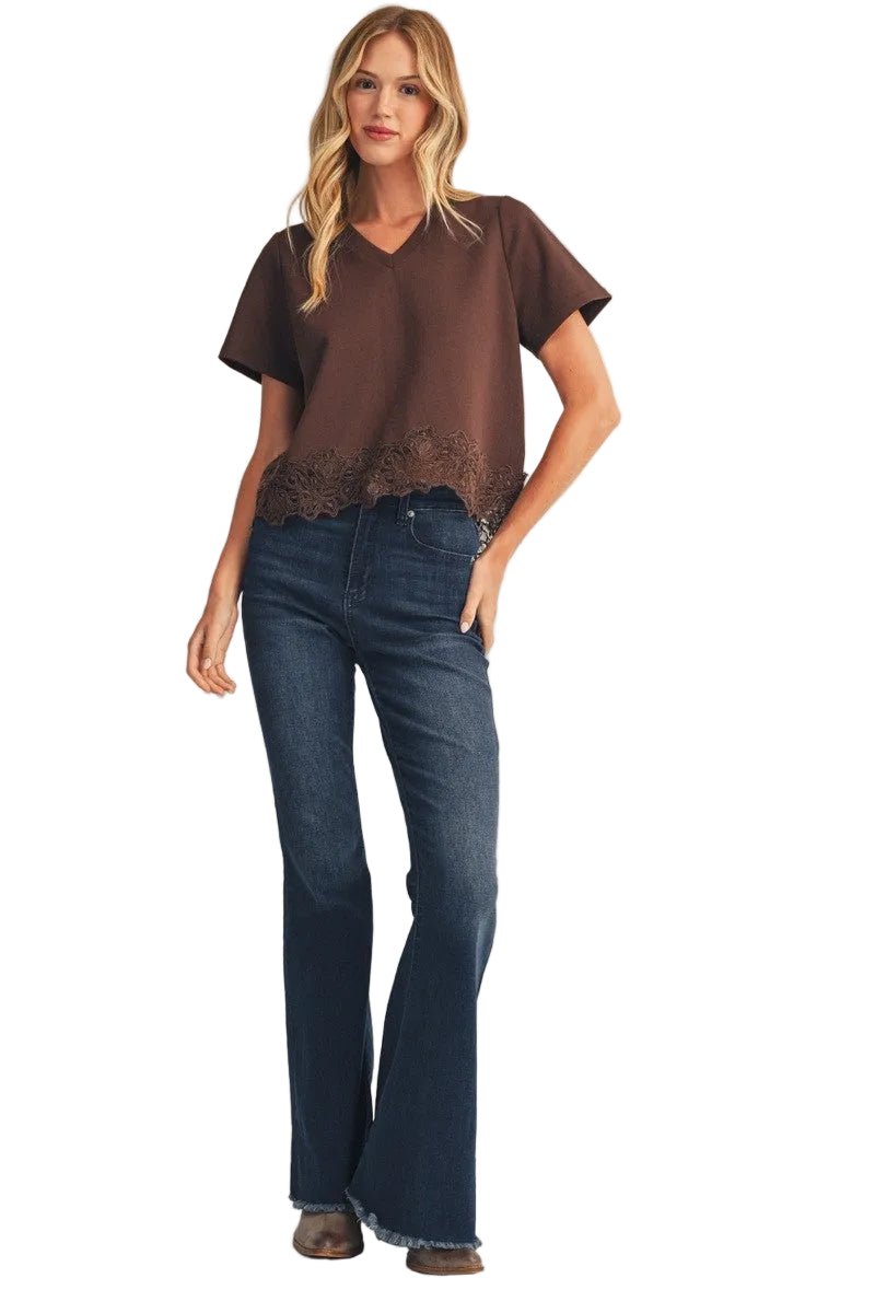 Jodifl Women's Lace Patch Hem Detail Solid Top 