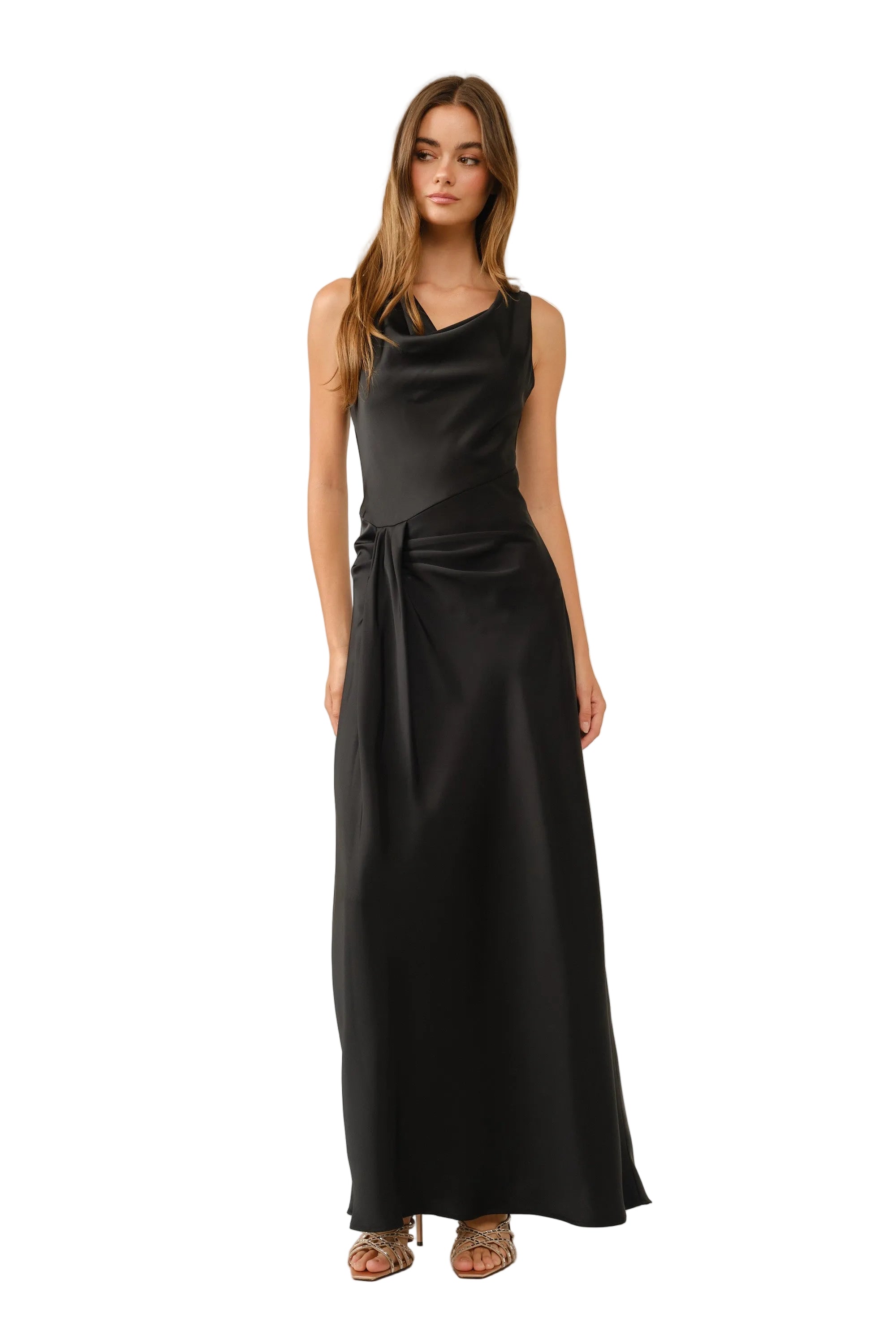 Women's Black Satin Cowl Neck Knot Detail Maxi Dress