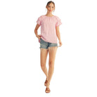 Women's Pink Embroidered Scallop Detail Sleeve Stripe Top M50334