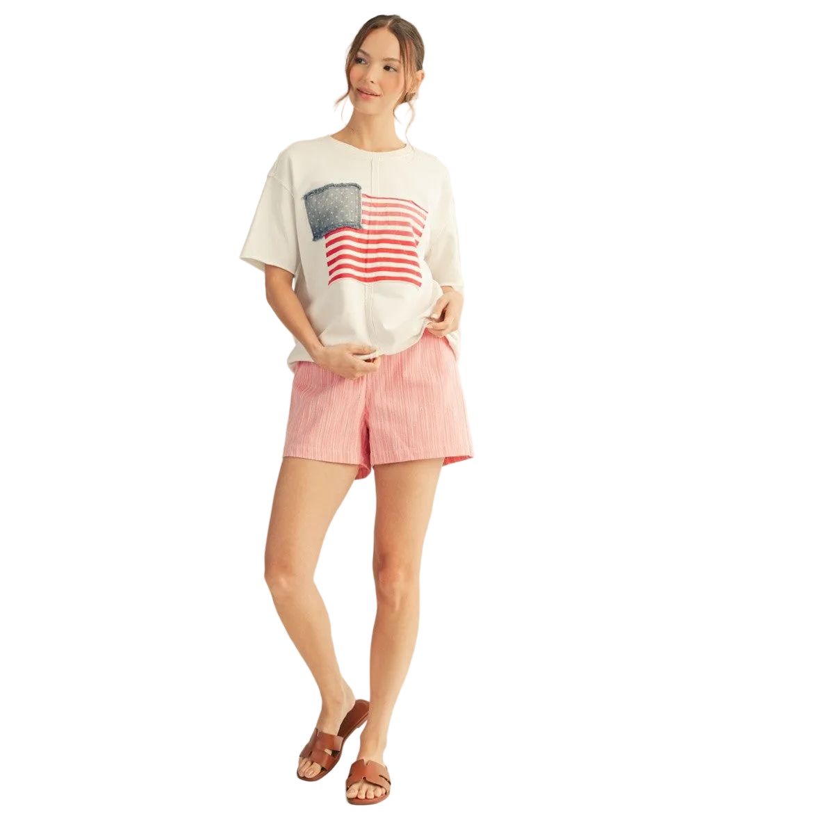 Women's American Flag Patched Casual Wash Top R7154