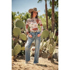 Women's Blue B Western Motif Mesh Mock Neck Long Sleeve Top 33147T