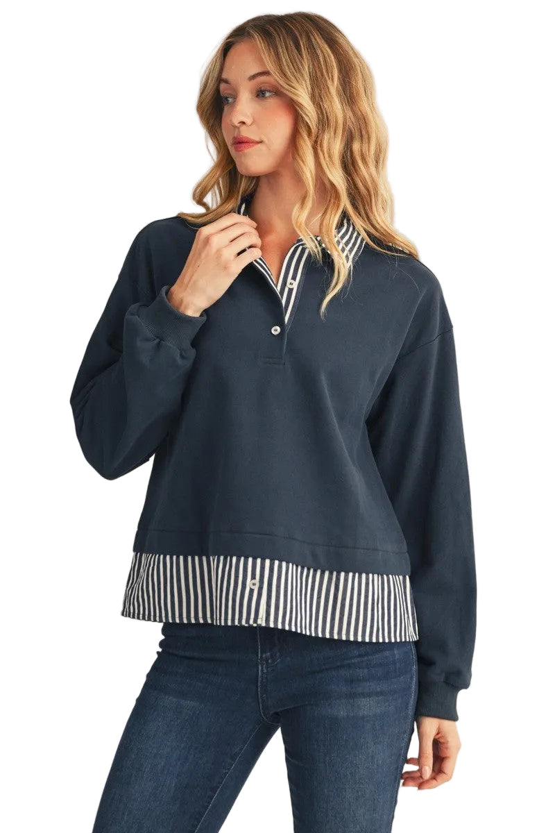 Jodifl Women's Navy Stripe Contrast Accent Casual Top 