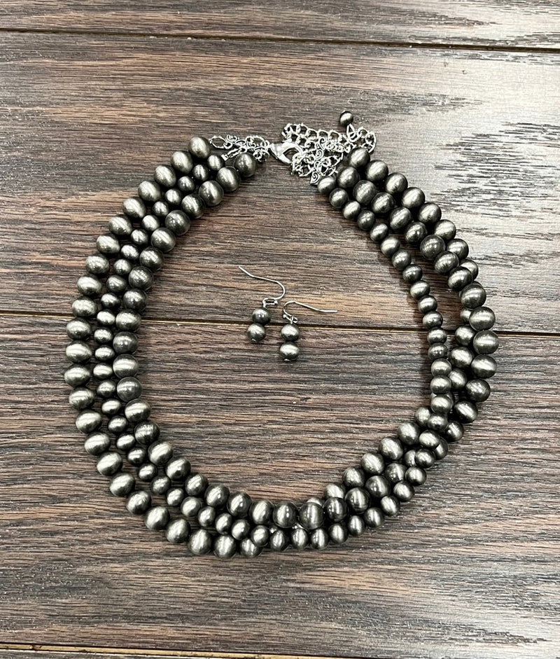 Isac Women's 18" Western Bead 3-Strand Necklace Earring Set 