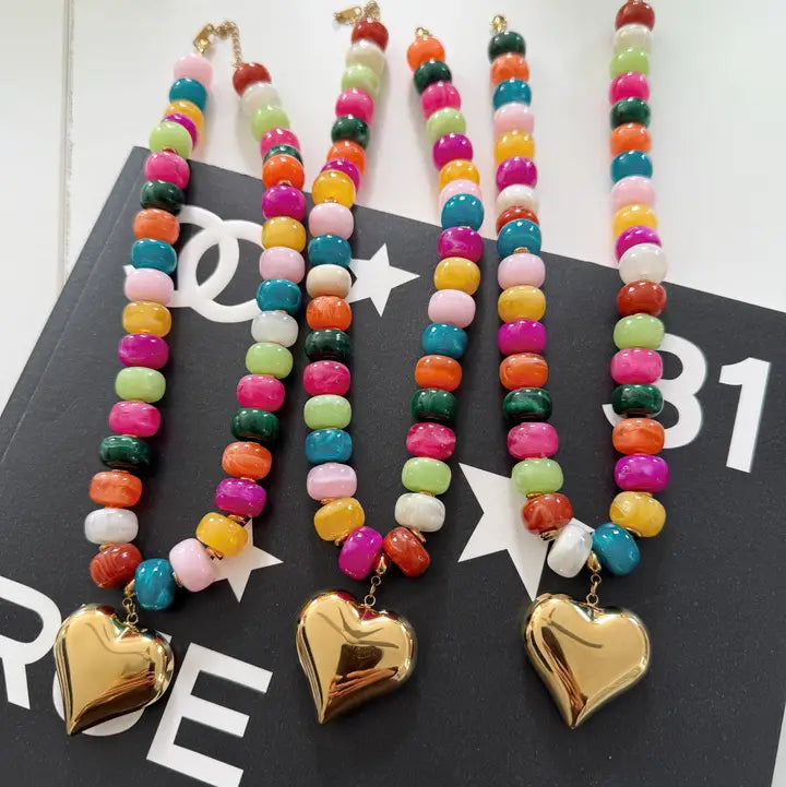 Women's Multicolor Resin Bead Necklace with Gold Heart Charm