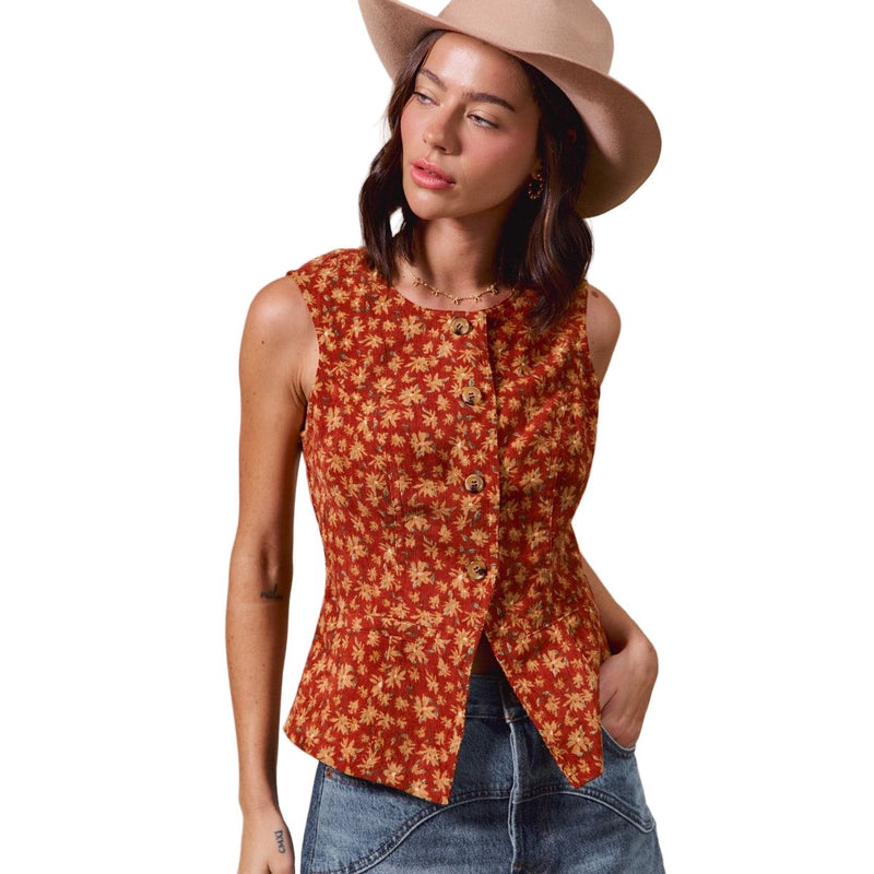 Women's Slim Fit Button Front Floral Corduroy Vest Top ST2710F-05