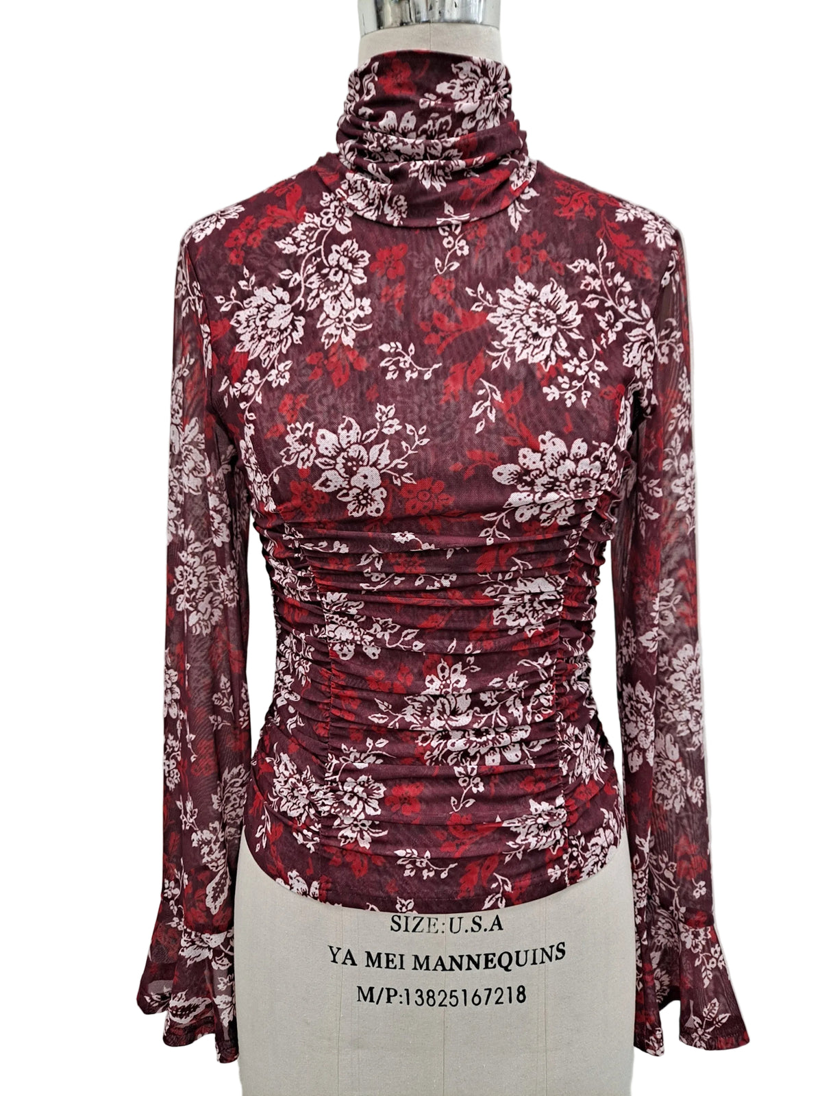 Bona Brand Women's Wine Combo Floral Mesh Ruched Mock Neck Top 