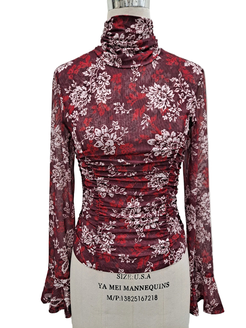 Bona Brand Women's Wine Combo Floral Mesh Ruched Mock Neck Top 
