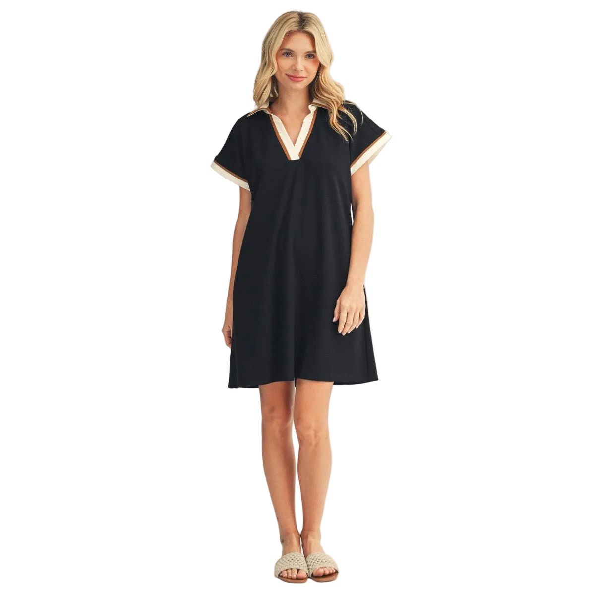 Women's Black Contrast Accent Solid Casual Dress M50814