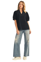 Women's Jodifl Black Rib Contrast V Neck Solid Top 