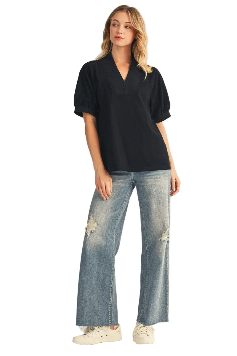 Women's Jodifl Black Rib Contrast V Neck Solid Top 