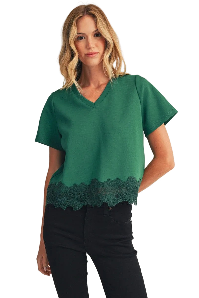 Jodifl Women's Lace Patch Hem Detail Solid Top 