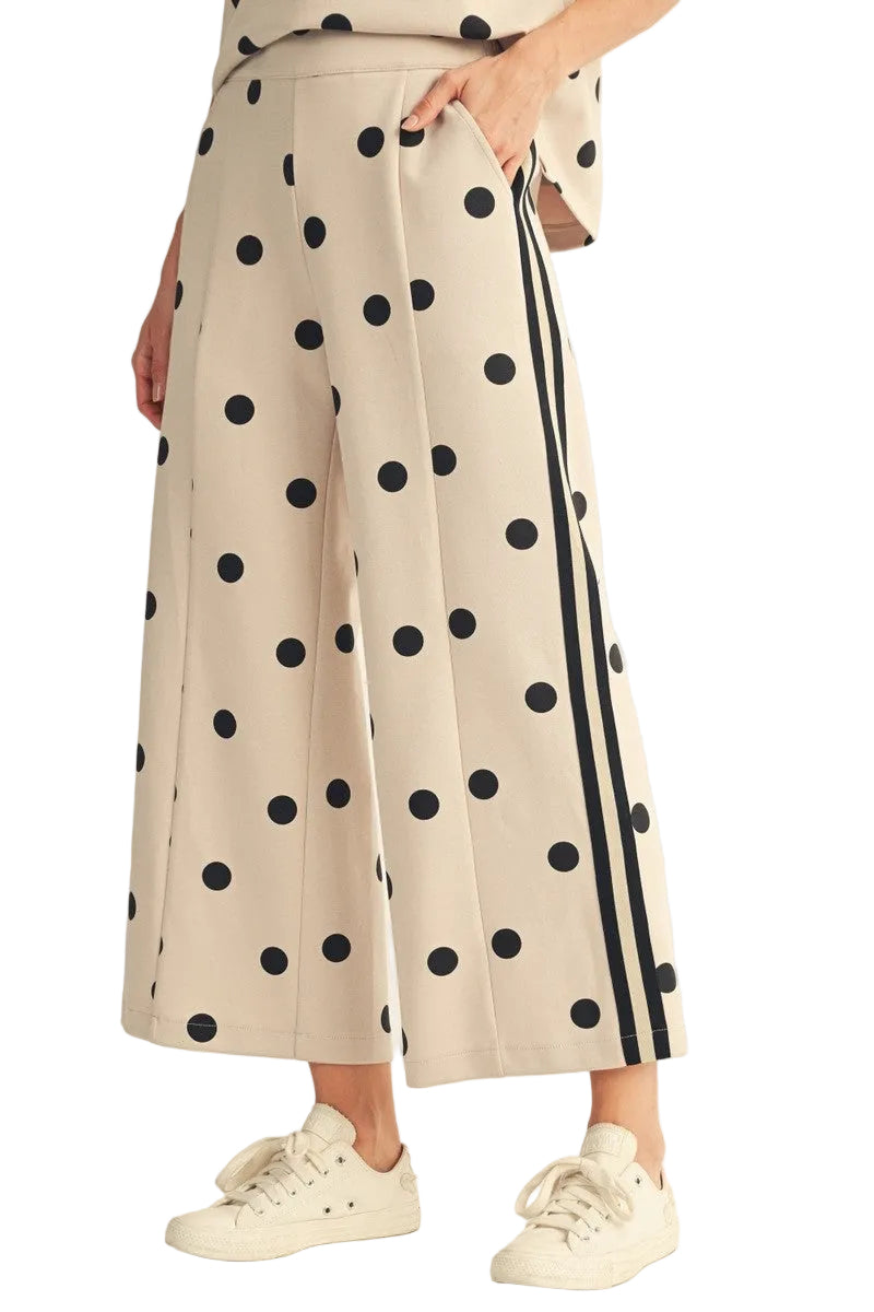Jodifl Women's Oatmeal Color RIb Band Accent Polka Dot Casual Pants 