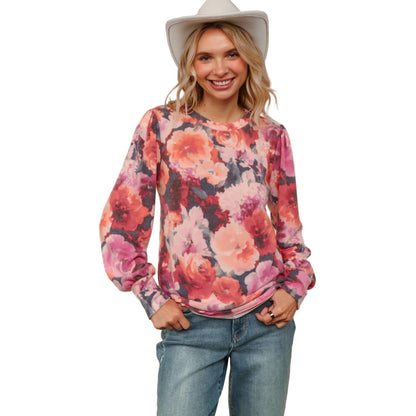 Women's Plus Round Neck Floral Brushed Hacci Knit Top HT4487DX