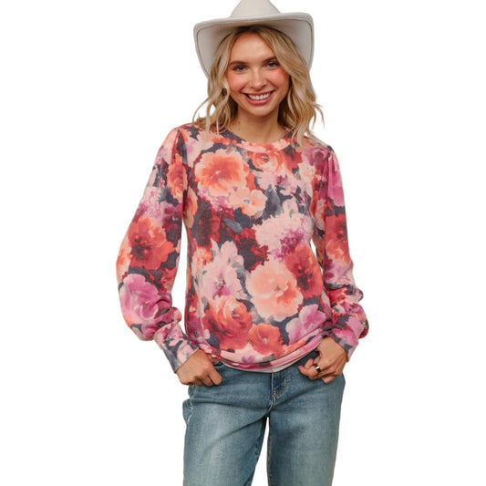 Women's Plus Round Neck Floral Brushed Hacci Knit Top HT4487DX
