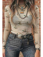 Women's Western Mallard Duck Long Sleeve High Neck Mesh Blouse 