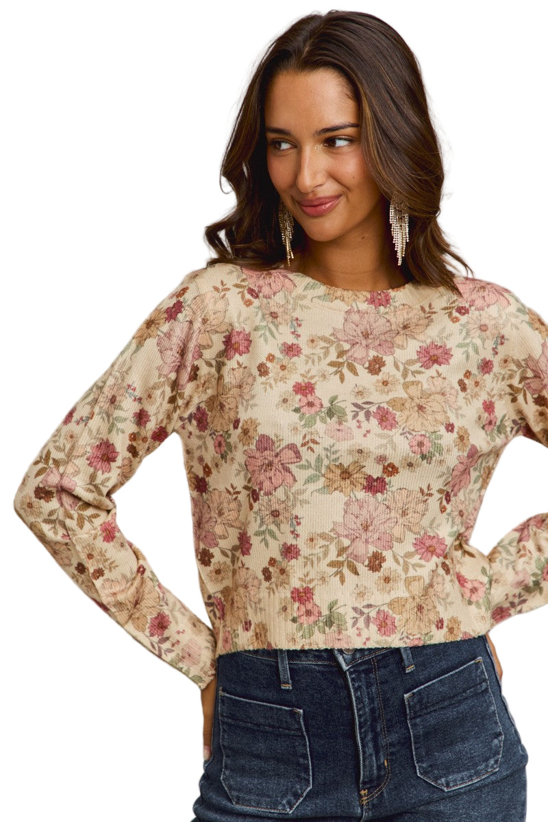 Women's Floral Crew Neck Long Sleeves Sweater Knit Top ST3677F-01