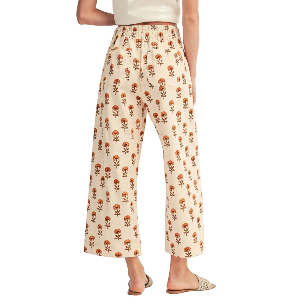 Women's Cream Wide Leg Boho Floral Casual Pants H41163-10