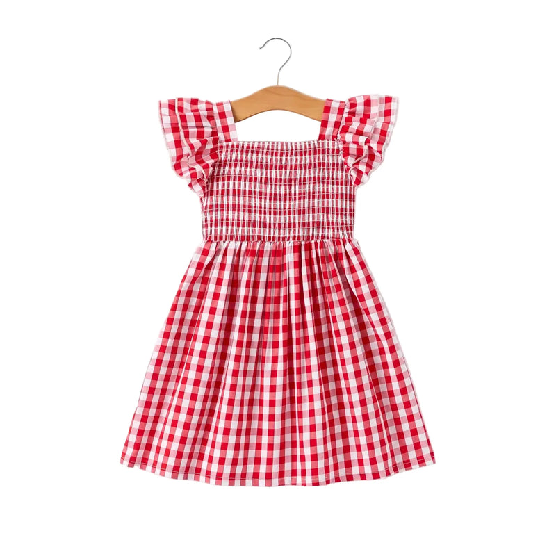 Girl's Red Summer Plaid Smocked Ruffle Dress