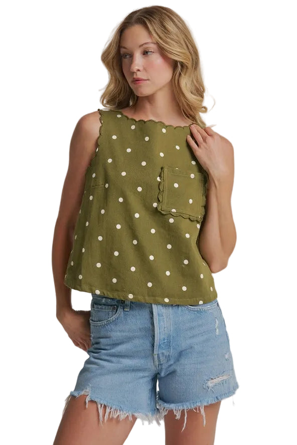 Women's Olive/Cream Polka Dot Twill Top with Patch Pocket 