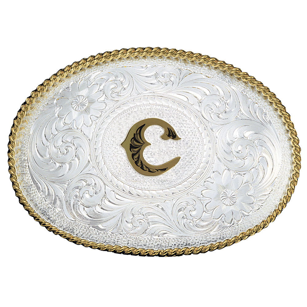 Montana Silversmiths Initial C Silver Engraved Gold Trim Western Belt Buckle 700C