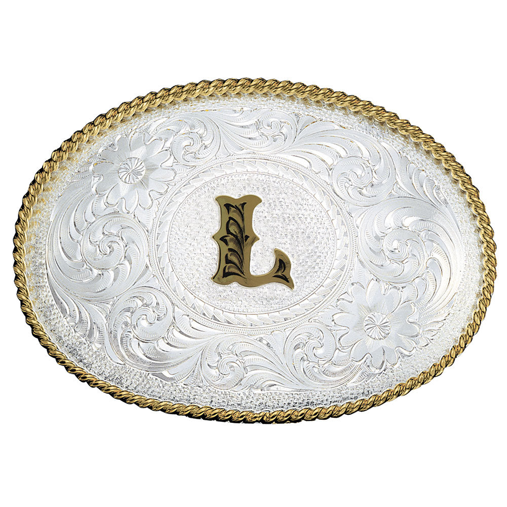 Montana Silversmiths Initial L Silver Engraved Gold Trim Western Belt Buckle 700L