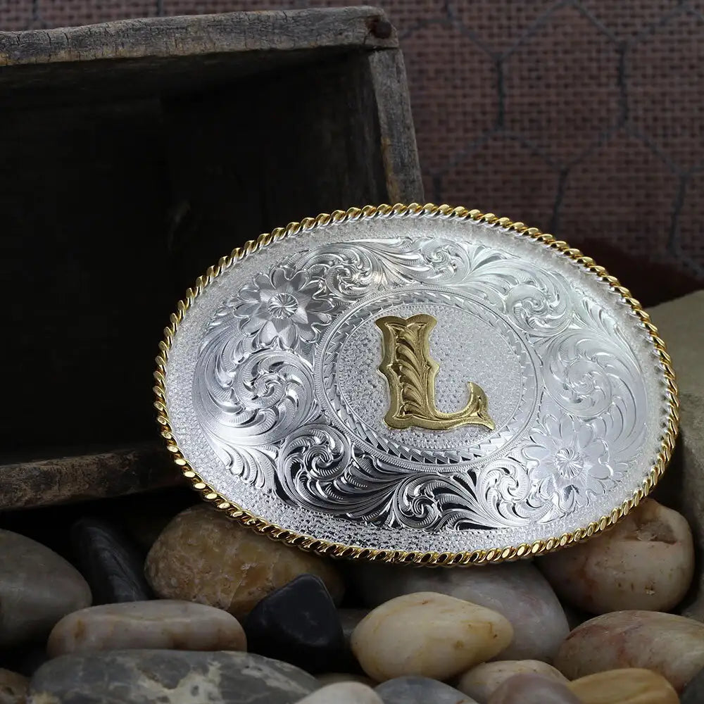 Montana Silversmiths Initial L Silver Engraved Gold Trim Western Belt Buckle 700L
