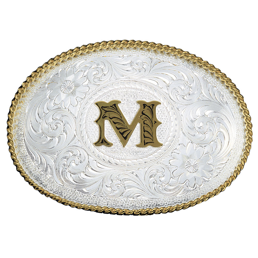 Montana Silversmiths Initial M Silver Engraved Gold Trim Western Belt Buckle 700M