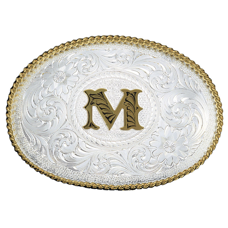 Montana Silversmiths Initial M Silver Engraved Gold Trim Western Belt Buckle 700M
