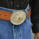 Montana Silversmiths Initial M Silver Engraved Gold Trim Western Belt Buckle 700M