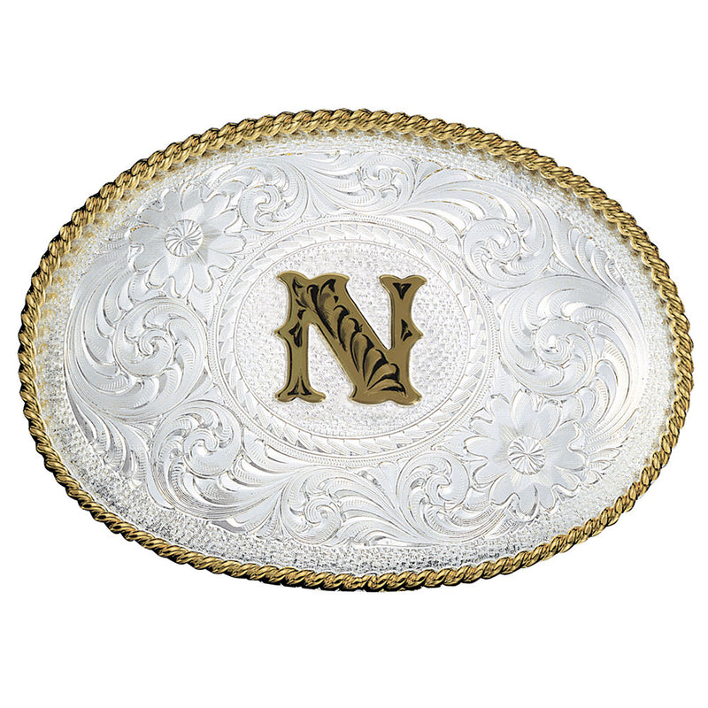 Montana Silversmith Initial N Silver Engraved Gold Trim Western Belt Buckle 700N