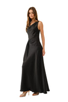 Women's Black Satin Cowl Neck Knot Detail Maxi Dress
