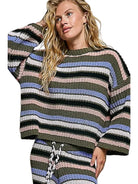 Women's Olive Multi Striped Pattern Round Neck Chenille Sweater Top
