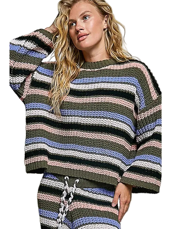 Women's Olive Multi Striped Pattern Round Neck Chenille Sweater Top