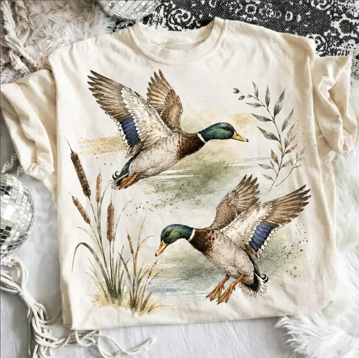 Women's Ivory Short Sleeve Vintage Mallard Duck T-shirt 