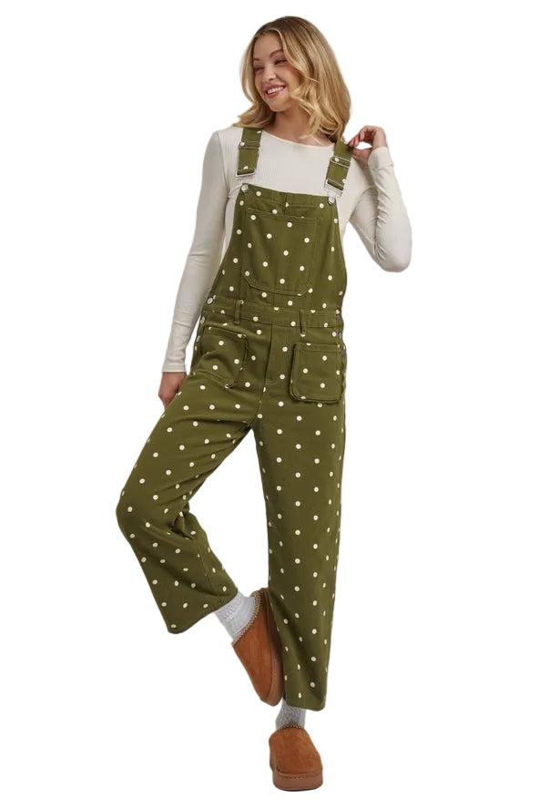 Women's Olive Green Polka Dot Jumpsuit with Scalloped Front 