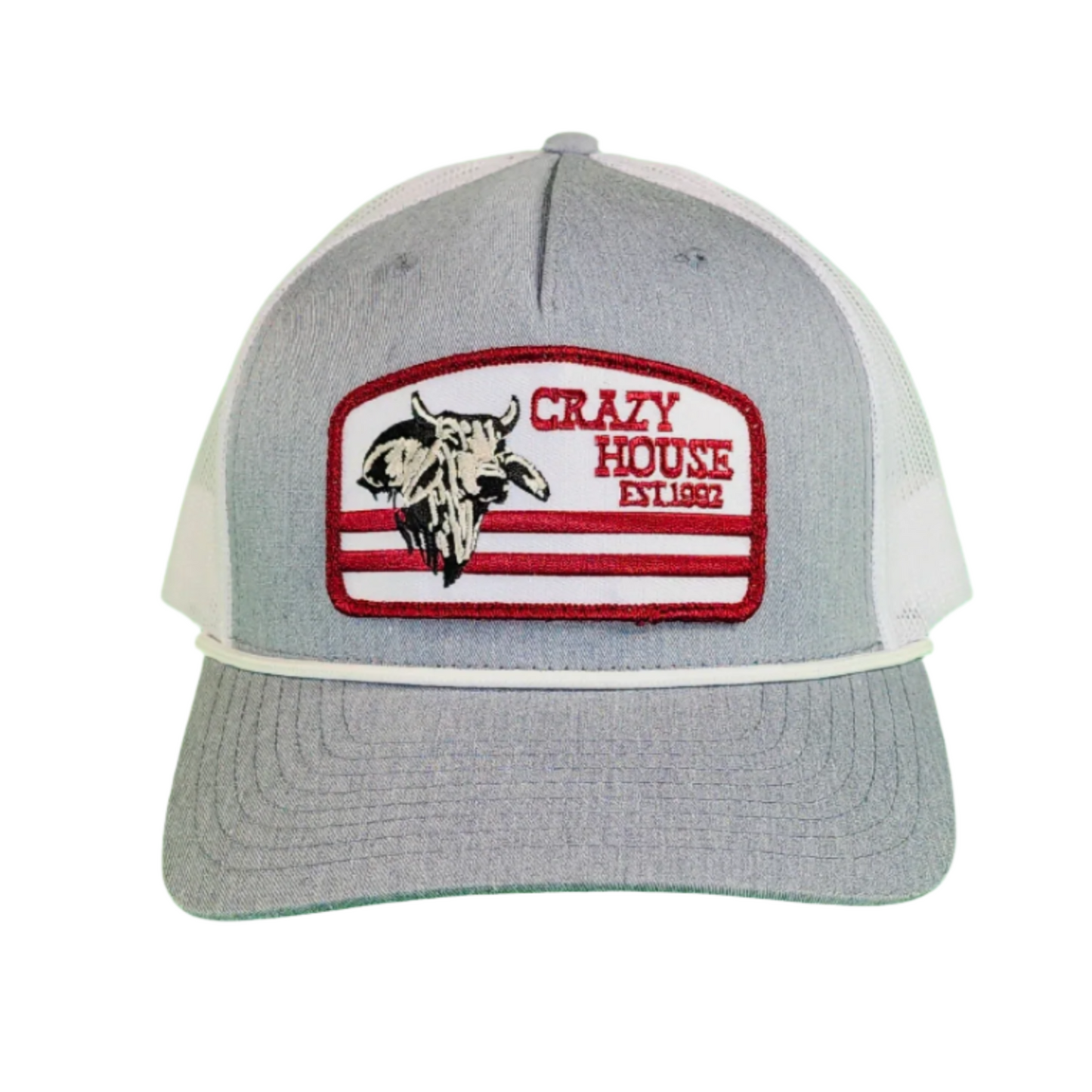 Gray Snapback with Red/White Bull Patch - Crazy House Western Wear