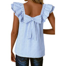 Women's Blue and White Square Neck Bow Frilly Ruffle Short Sleeve Blouse 