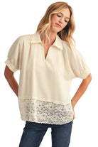 Jodifl Women's Ivory Lace Hem Detail Solid Satin Top 