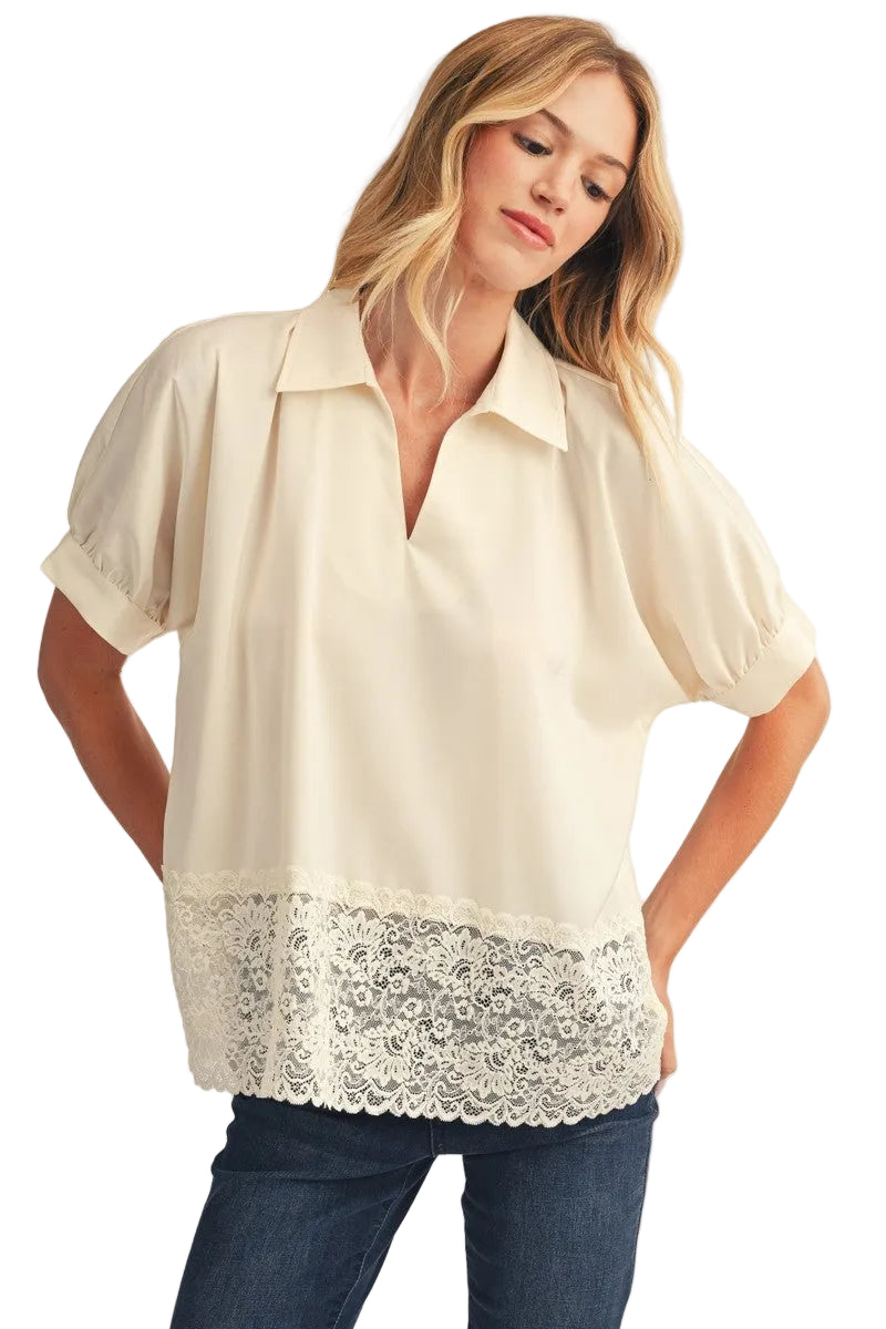 Jodifl Women's Ivory Lace Hem Detail Solid Satin Top 