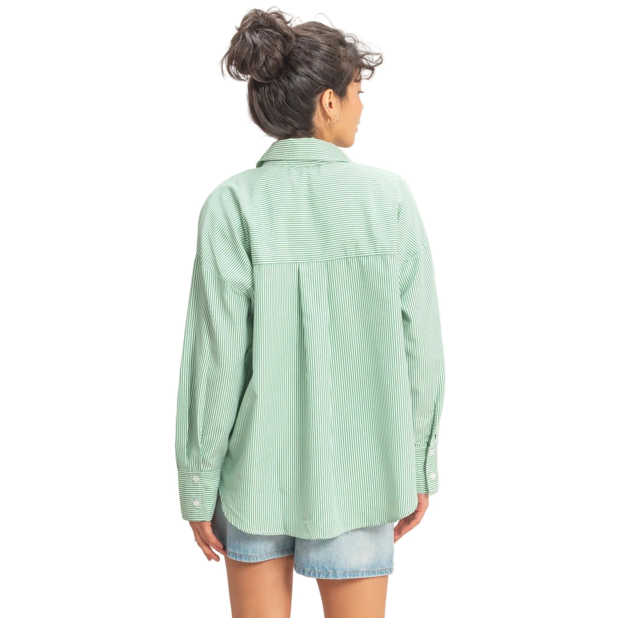 Women's Green and White Striped Button-up Shirt DZ26A737